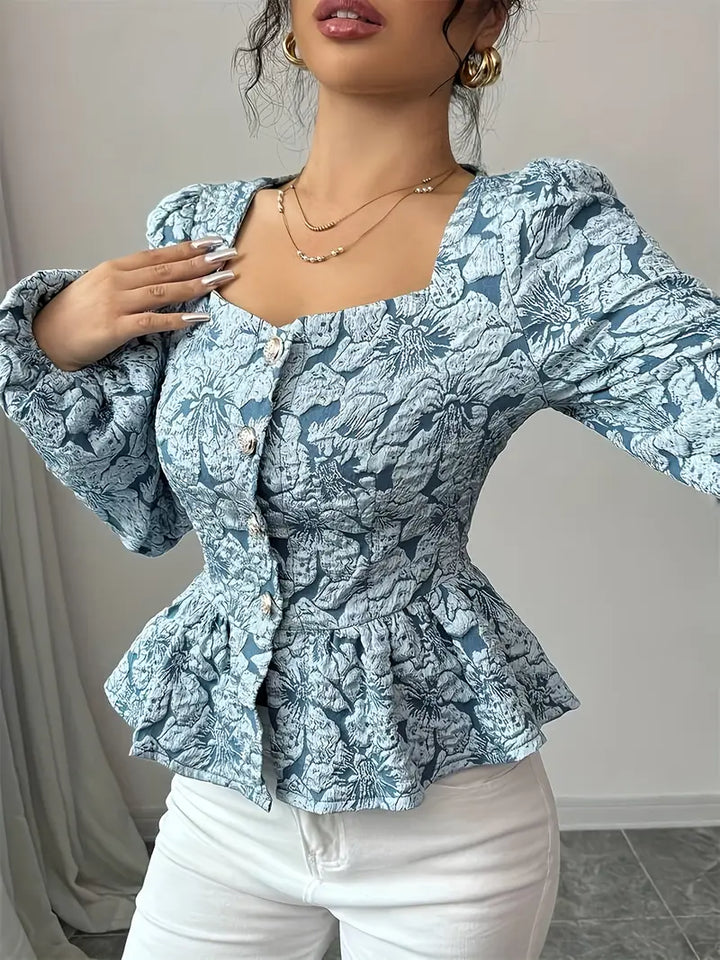 Elegante top de jacquard floral azul para mujer - Perfecto para el elegante otoño de Hazel