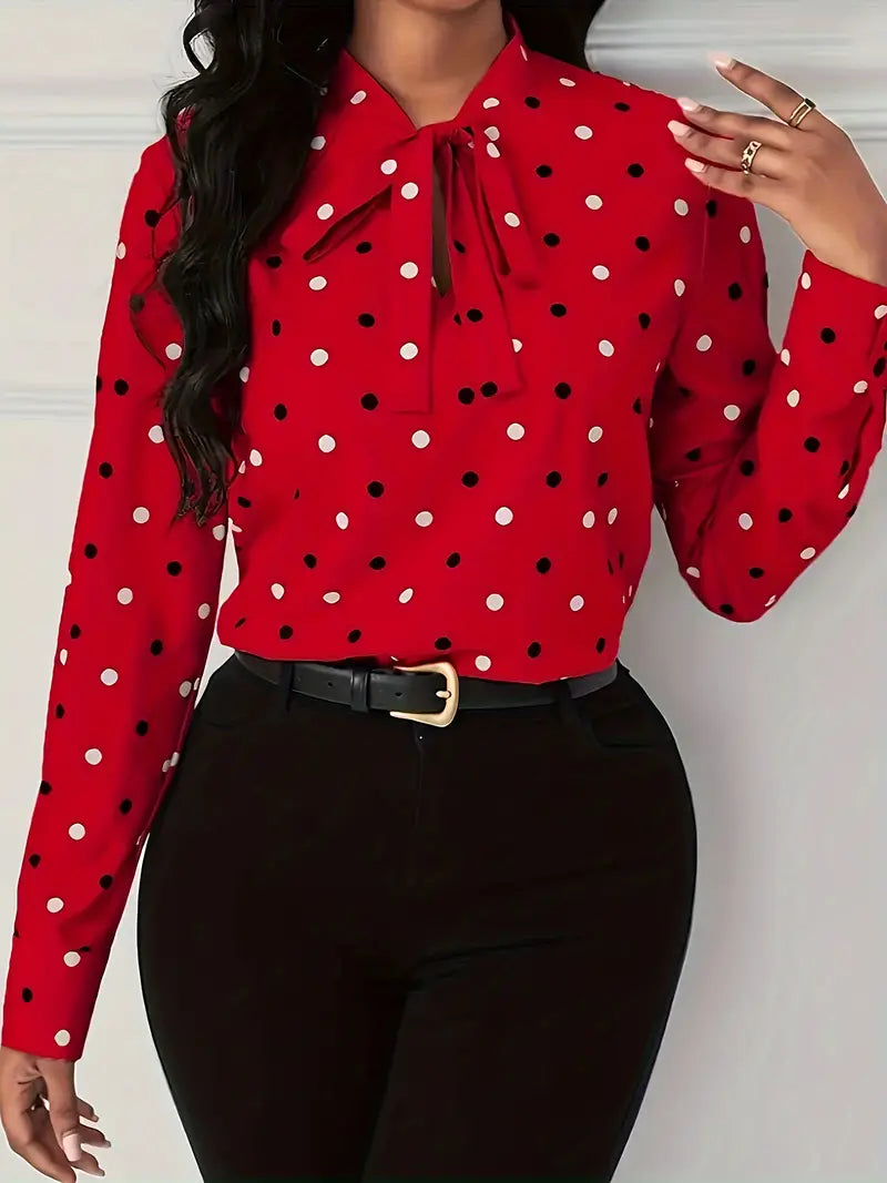 Meredith - Elegancia otoñal atemporal: elegante blusa de lunares con lazo para mujer