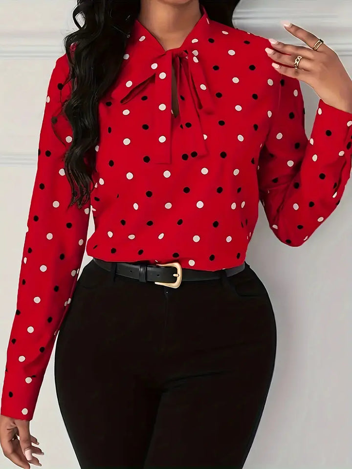 Meredith - Elegancia otoñal atemporal: elegante blusa de lunares con lazo para mujer
