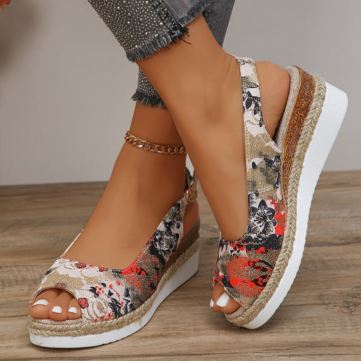 Flora - Elegantes sandalias de tacón de cuña con motivos florales para mujer, ¡máximo confort!