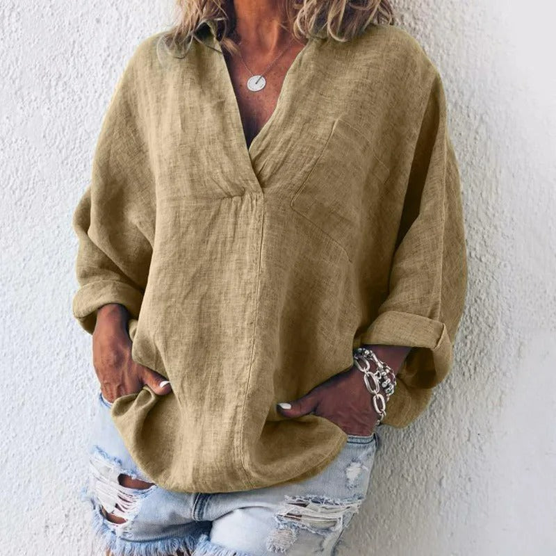 Victoria - Blusa intemporal de algodón para mujer con elegante acabado en lino
