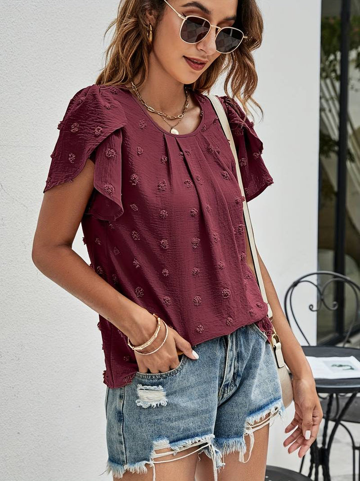 Charice - Elegante blusa de lunares suizos con mangas de pétalos para mujer