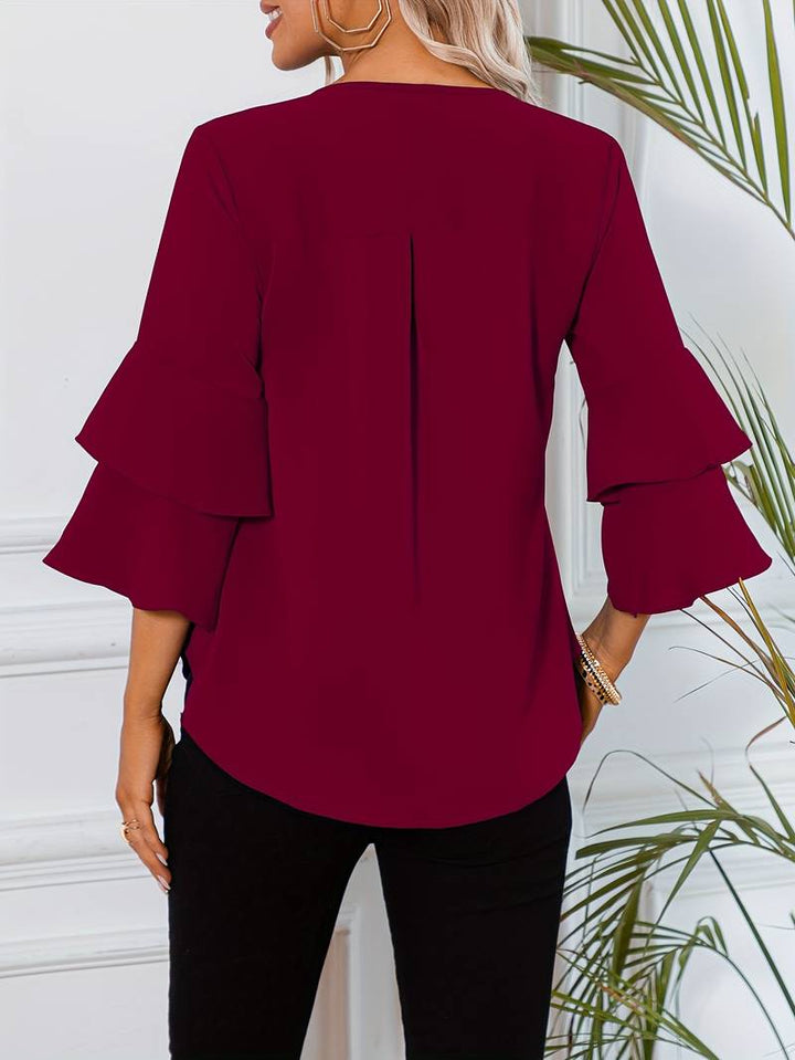 Emily - Camisa de moda con cuello redondo y elegantes mangas anchas acampanadas
