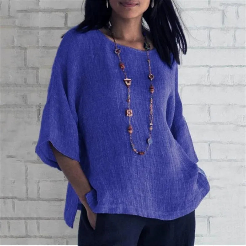 Maricel - Elegante camisa de mujer de algodón y lino con modernas mangas oversize