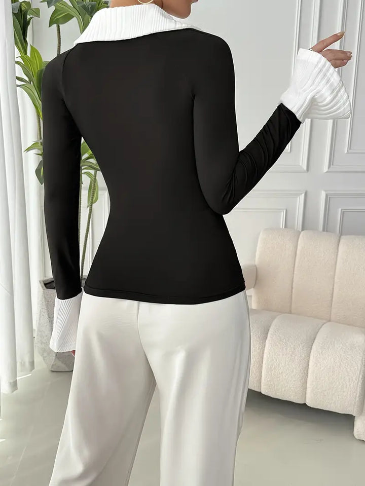 Natalie - Elegante Top Negro de Otoño con Cuello en Contraste para Mujer