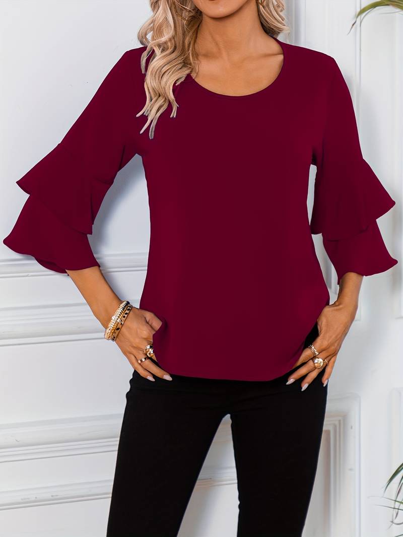 Emily - Camisa de moda con cuello redondo y elegantes mangas anchas acampanadas