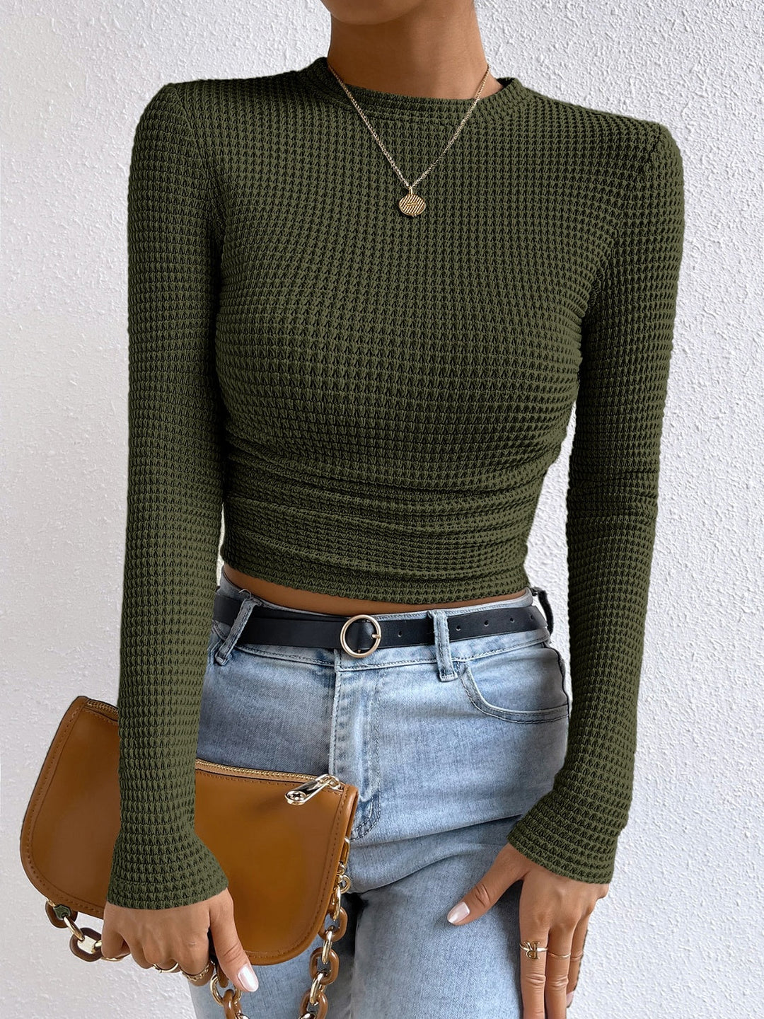 Monica - Camiseta de moda casual de otoño con cuello redondo y mangas largas para mujer