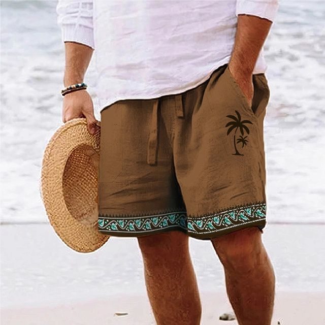 Elegantes pantalones cortos de playa para hombre con estampado de cocoteros tropicales - Loek
