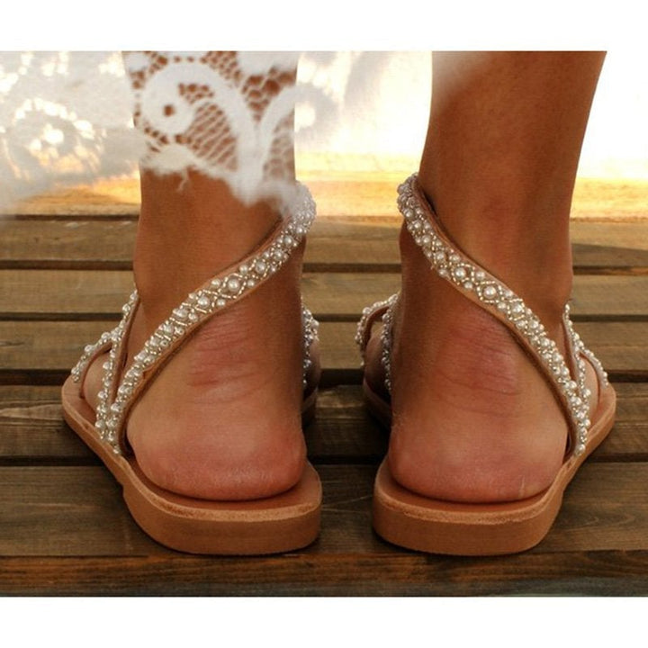 Sandalias bohemias de verano con perlas de jade para mujer - ¡elegantes y cómodas!