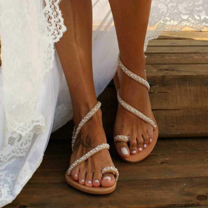Sandalias bohemias de verano con perlas de jade para mujer - ¡elegantes y cómodas!