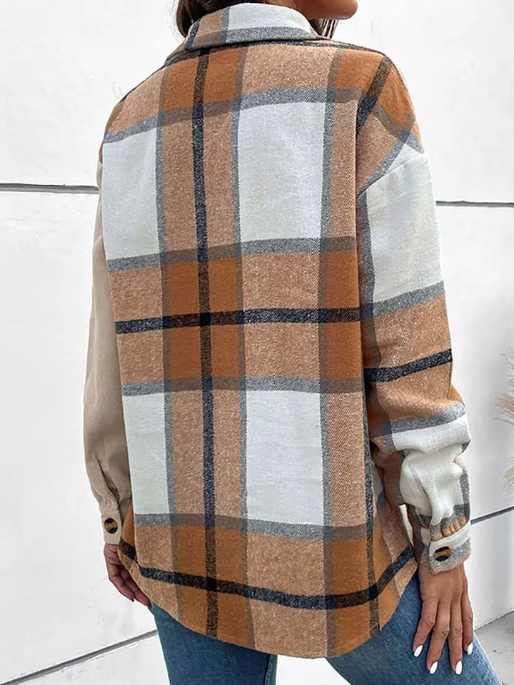 Marlene - Elegante y cómoda blusa beige con moderno estampado de cuadros para mujer