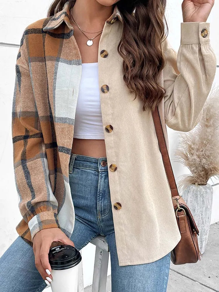 Marlene - Elegante y cómoda blusa beige con moderno estampado de cuadros para mujer