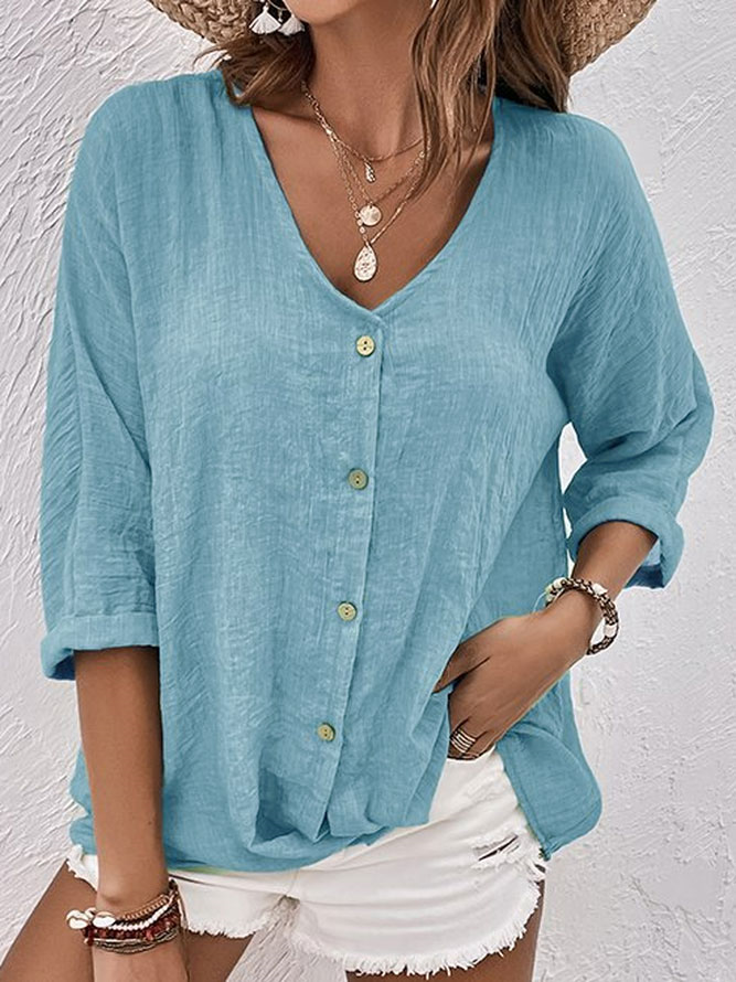 Ava - Elegante y cómoda camisa de lino con cuello de pico para mujer